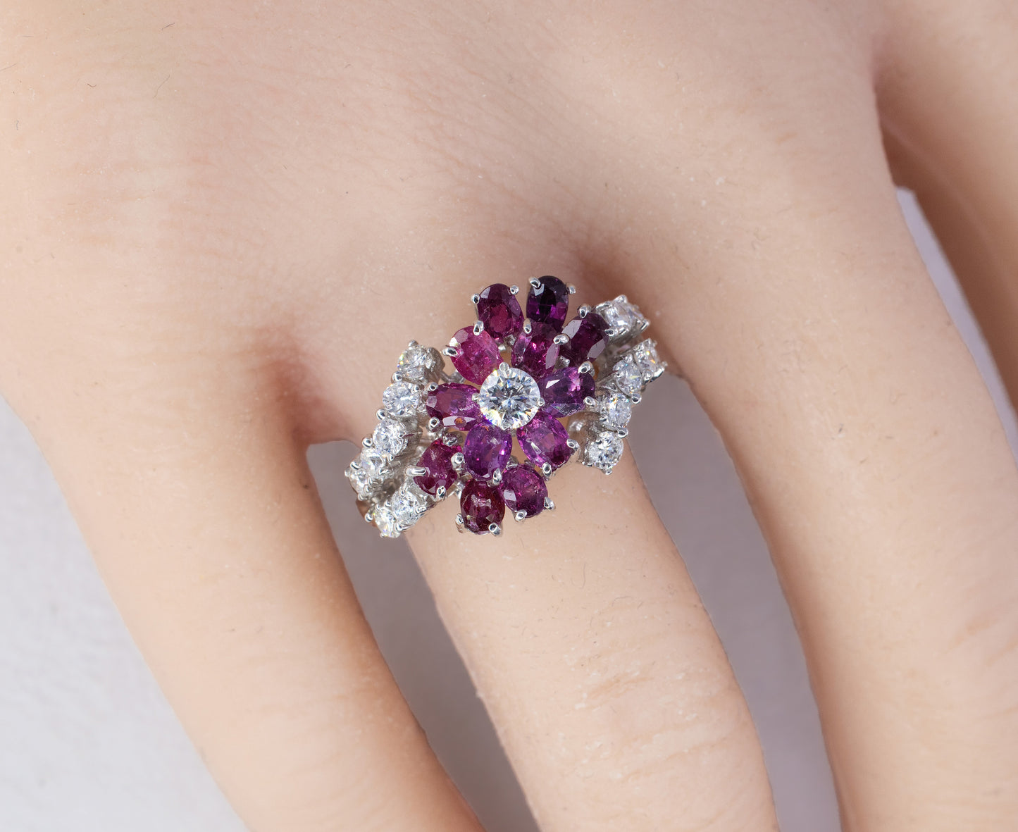 Ruby Flower and Diamond Multi-Row Ring