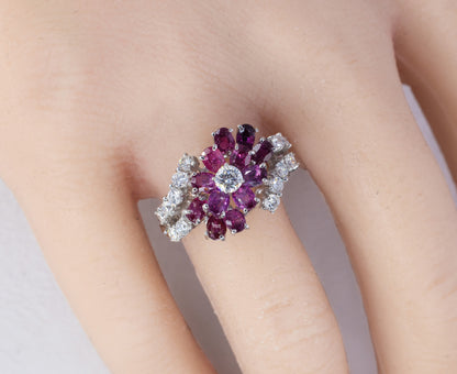 Ruby Flower and Diamond Multi-Row Ring