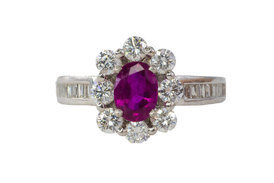 Oval Ruby and Multi-Cut Diamond Halo Ring