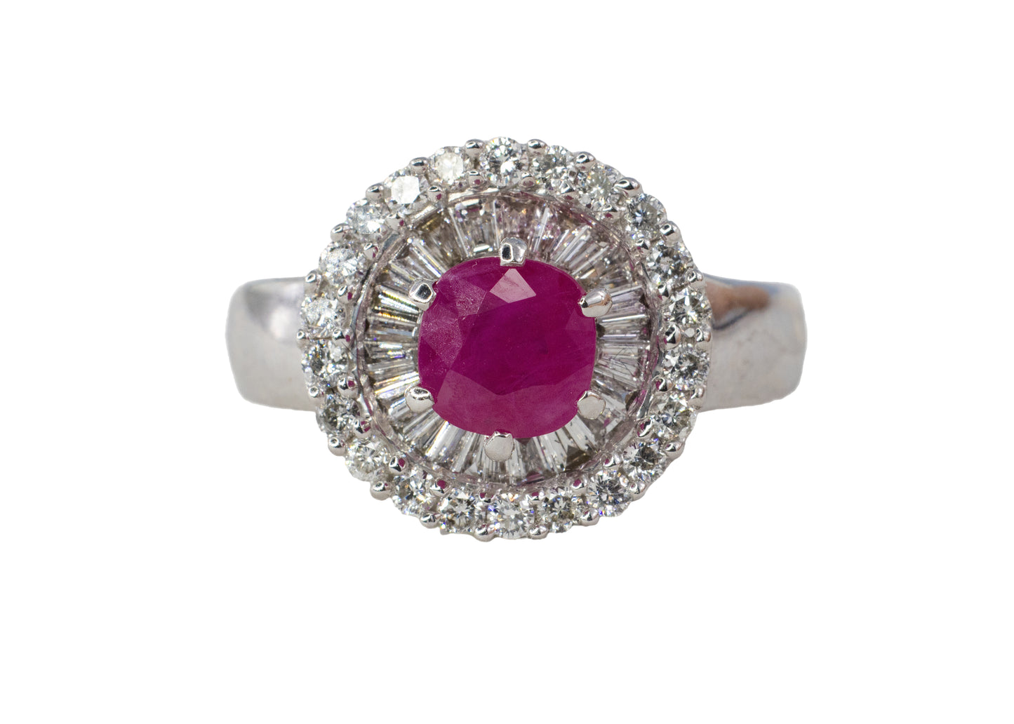 Ruby and Double Halo Mixed-Cut Diamond Ring