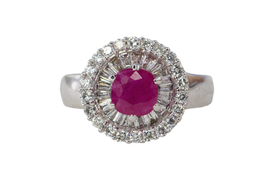 Ruby and Double Halo Mixed-Cut Diamond Ring