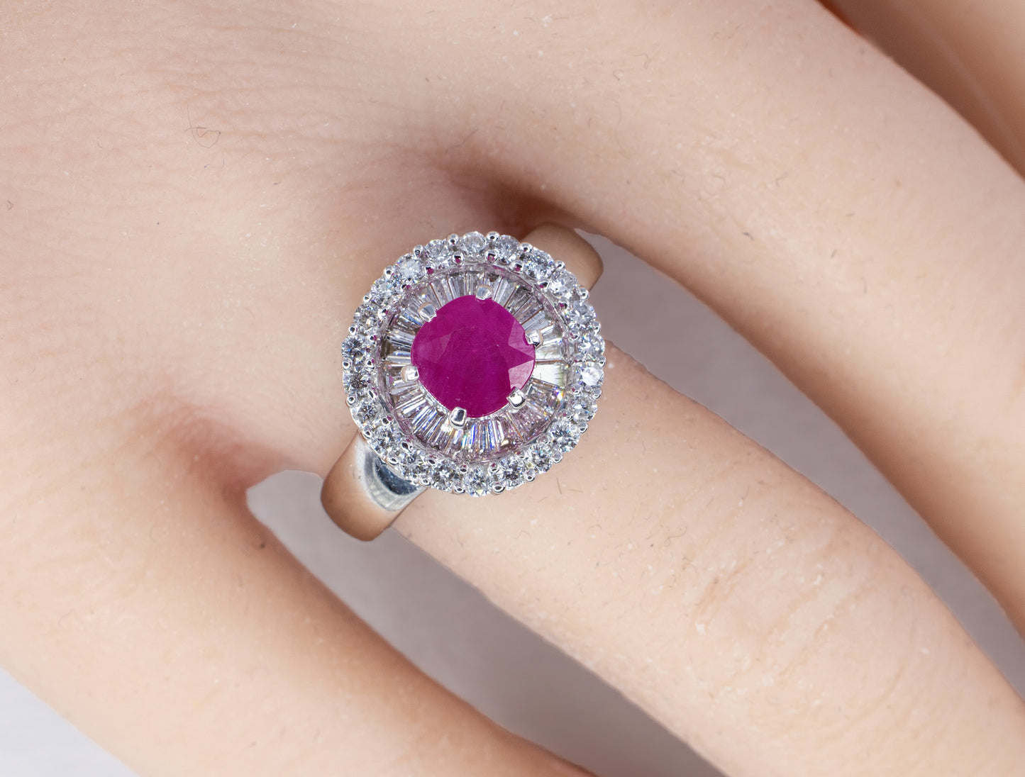 Ruby and Double Halo Mixed-Cut Diamond Ring