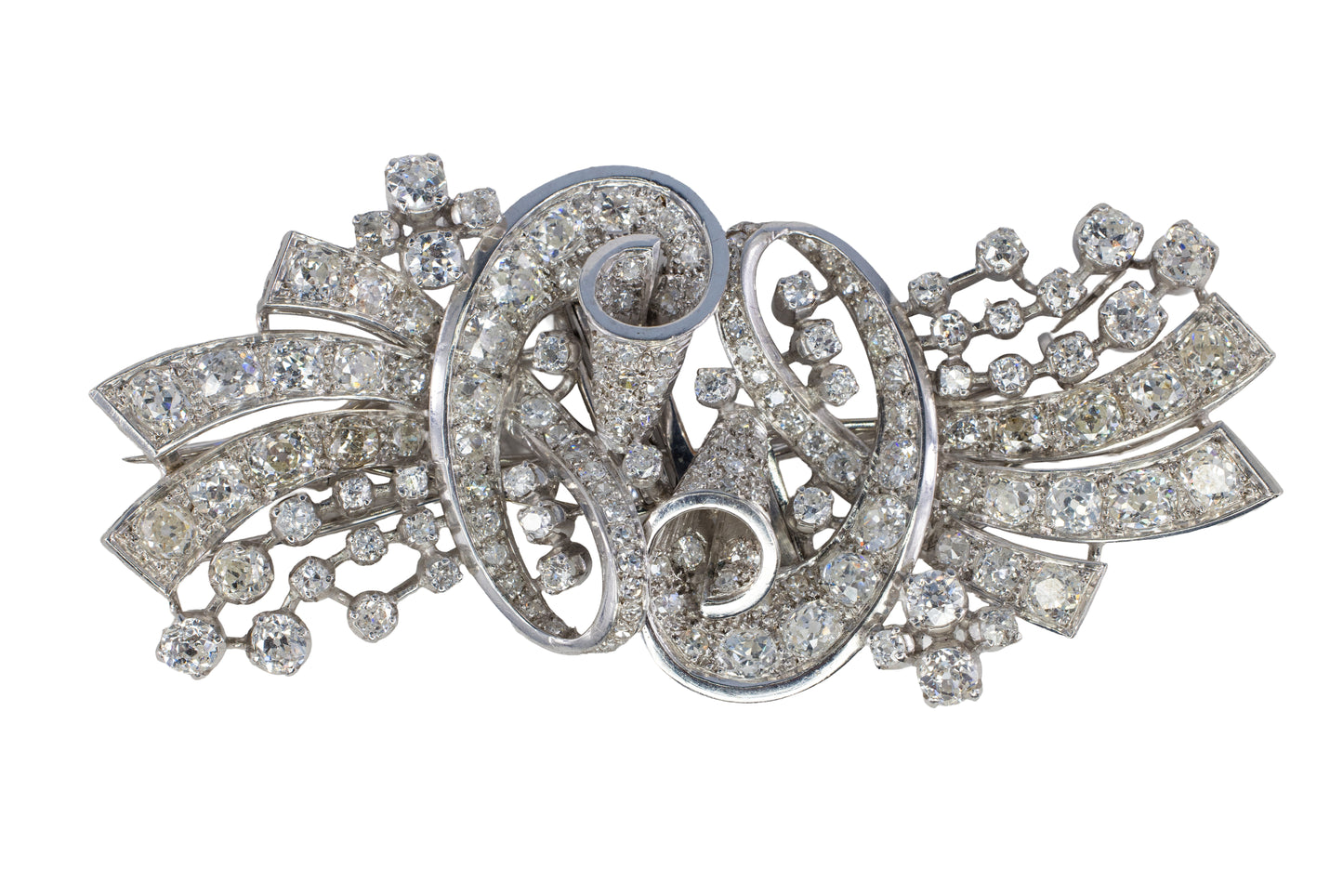 Platinum Diamond Scroll Convertible Double Clip Brooch