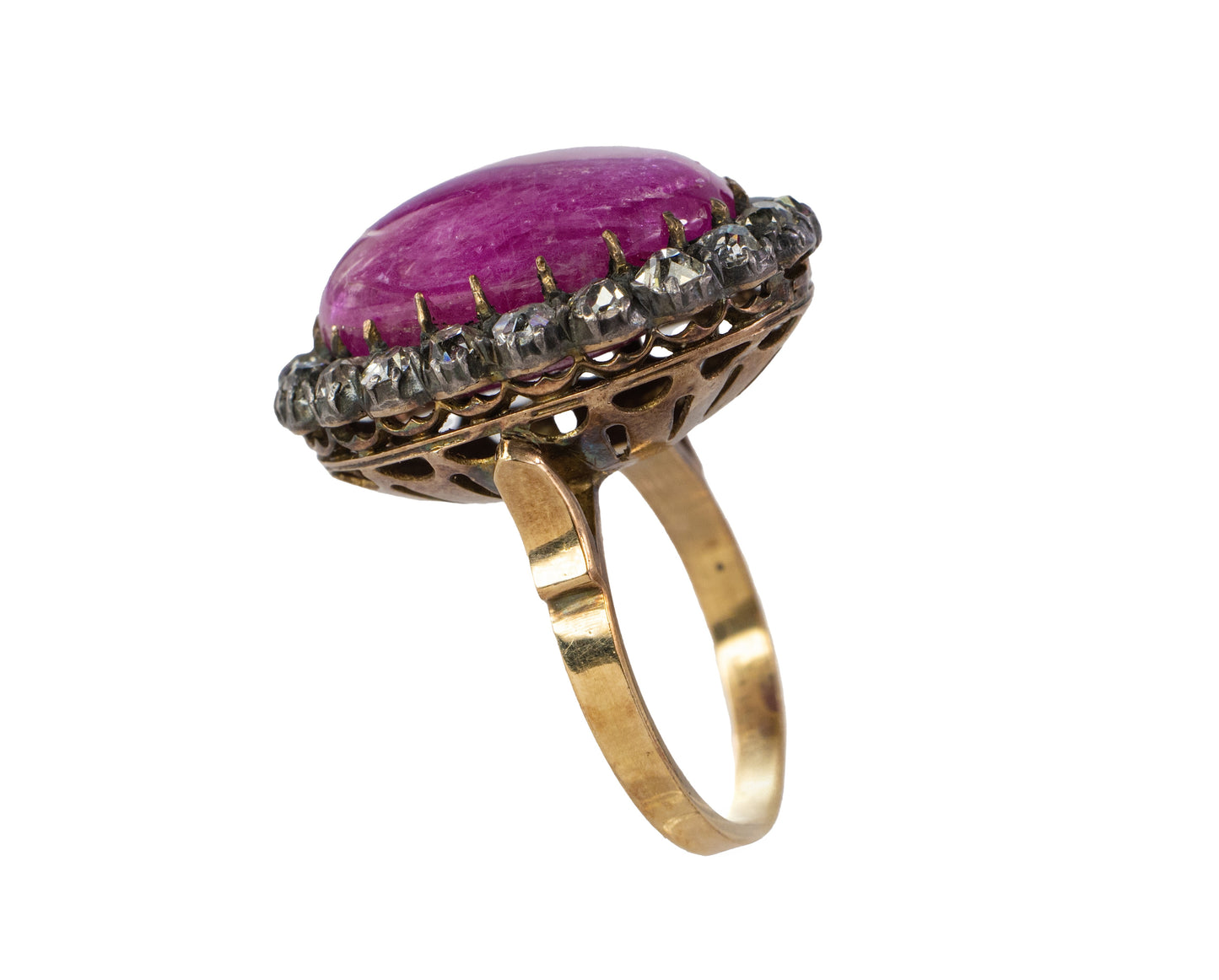 Large Cabochon Ruby and Old Mine Diamond Halo Ring
