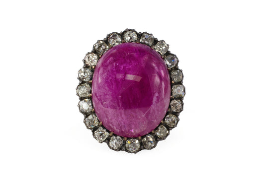 Large Cabochon Ruby and Old Mine Diamond Halo Ring