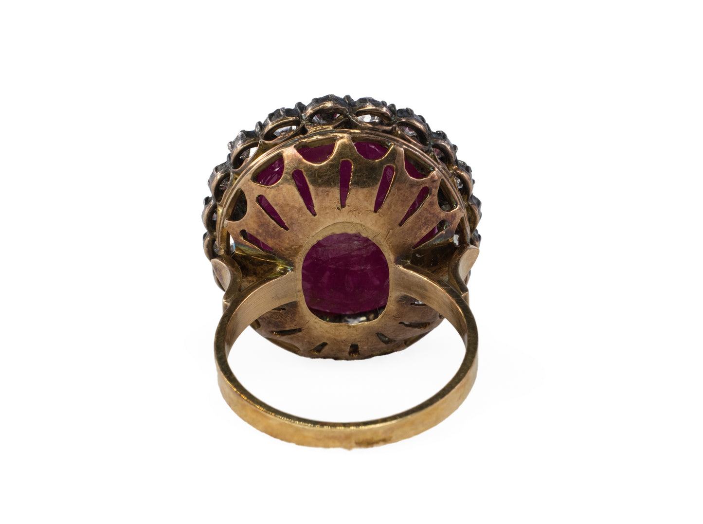 Large Cabochon Ruby and Old Mine Diamond Halo Ring