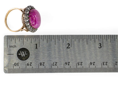 Large Cabochon Ruby and Old Mine Diamond Halo Ring