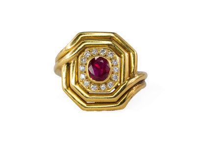 Octagonal Frame Diamond and Ruby Ring