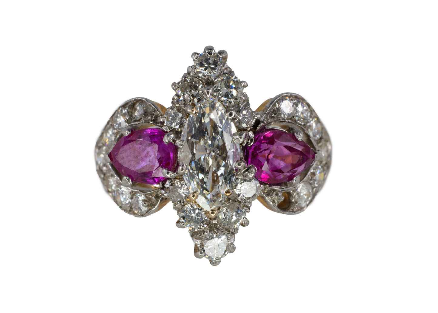 Marquise Diamond and Pear-Shaped Ruby Three-Stone Cluster Ring