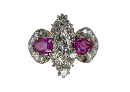 Marquise Diamond and Pear-Shaped Ruby Three-Stone Cluster Ring