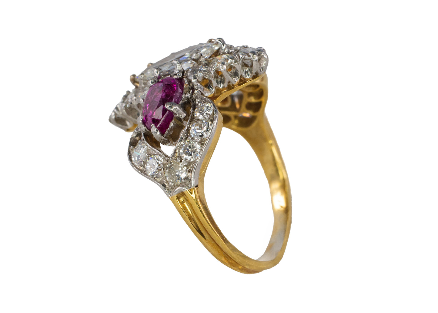 Marquise Diamond and Pear-Shaped Ruby Three-Stone Cluster Ring