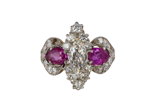 Marquise Diamond and Pear-Shaped Ruby Three-Stone Cluster Ring