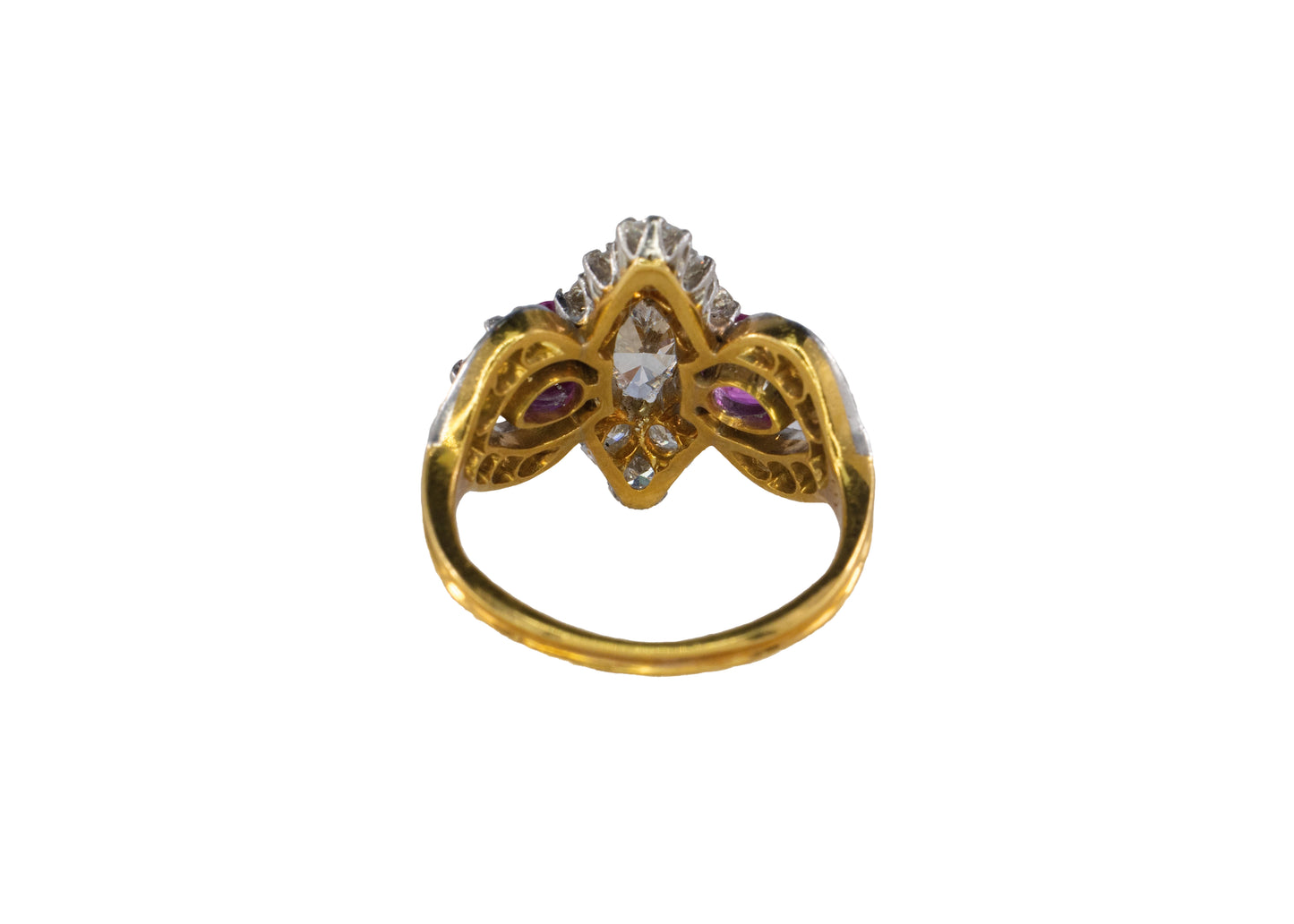 Marquise Diamond and Pear-Shaped Ruby Three-Stone Cluster Ring