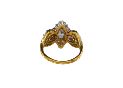 Marquise Diamond and Pear-Shaped Ruby Three-Stone Cluster Ring