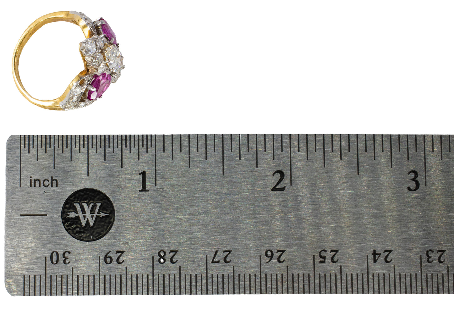 Marquise Diamond and Pear-Shaped Ruby Three-Stone Cluster Ring