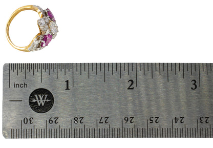 Marquise Diamond and Pear-Shaped Ruby Three-Stone Cluster Ring