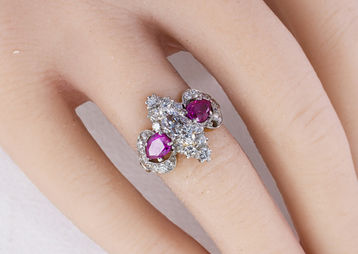 Marquise Diamond and Pear-Shaped Ruby Three-Stone Cluster Ring