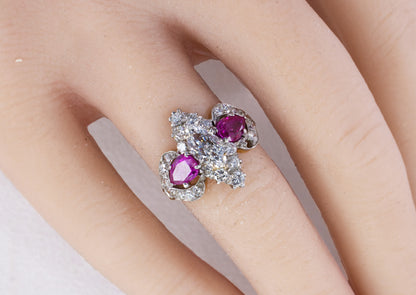 Marquise Diamond and Pear-Shaped Ruby Three-Stone Cluster Ring