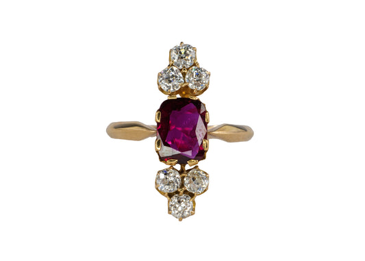 Radiant-Cut Ruby and Diamond Vertical Ring