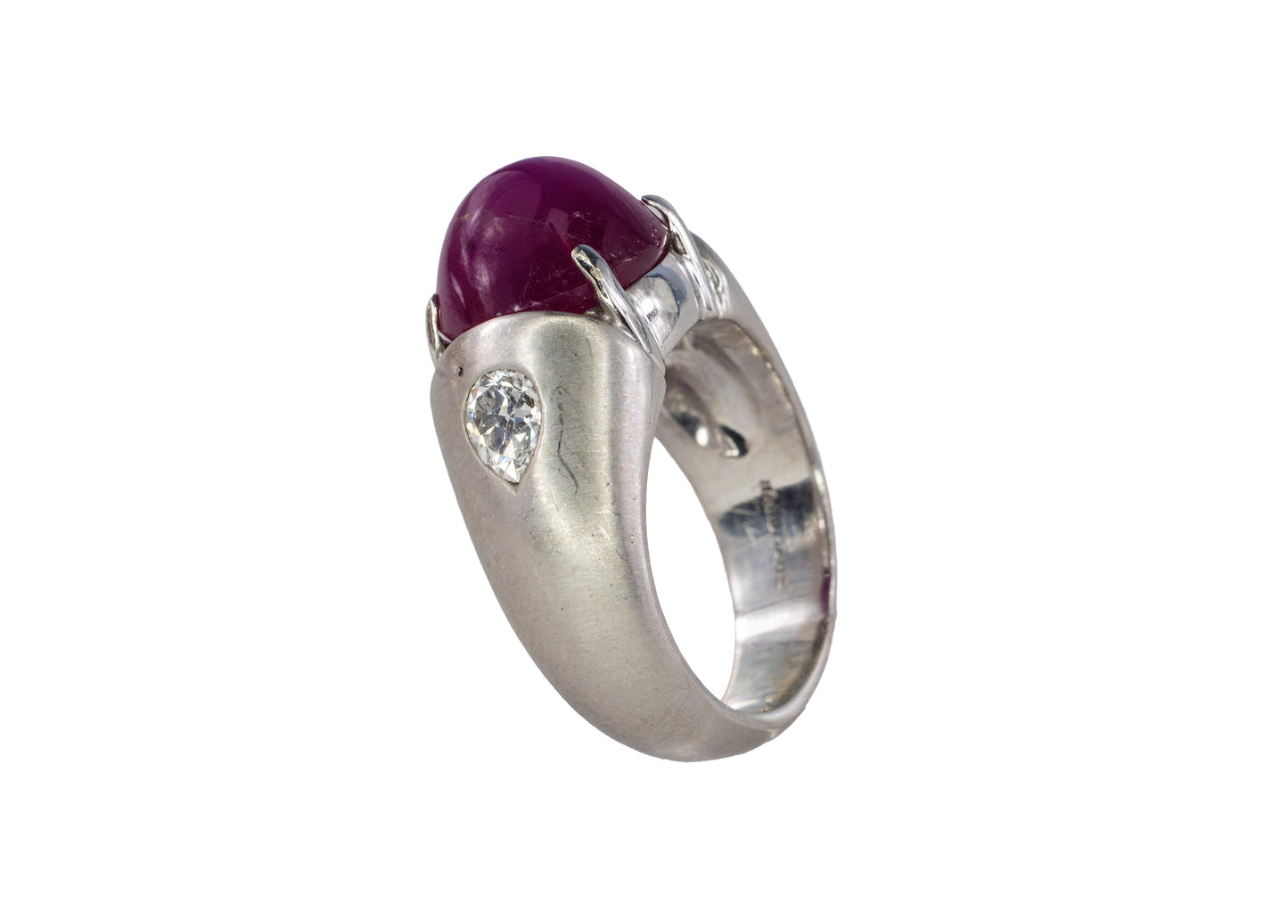 White Gold Cabochon Ruby and Pear-Cut Diamond Gypsy Ring