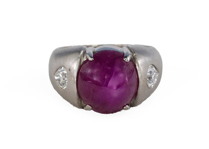 White Gold Cabochon Ruby and Pear-Cut Diamond Gypsy Ring
