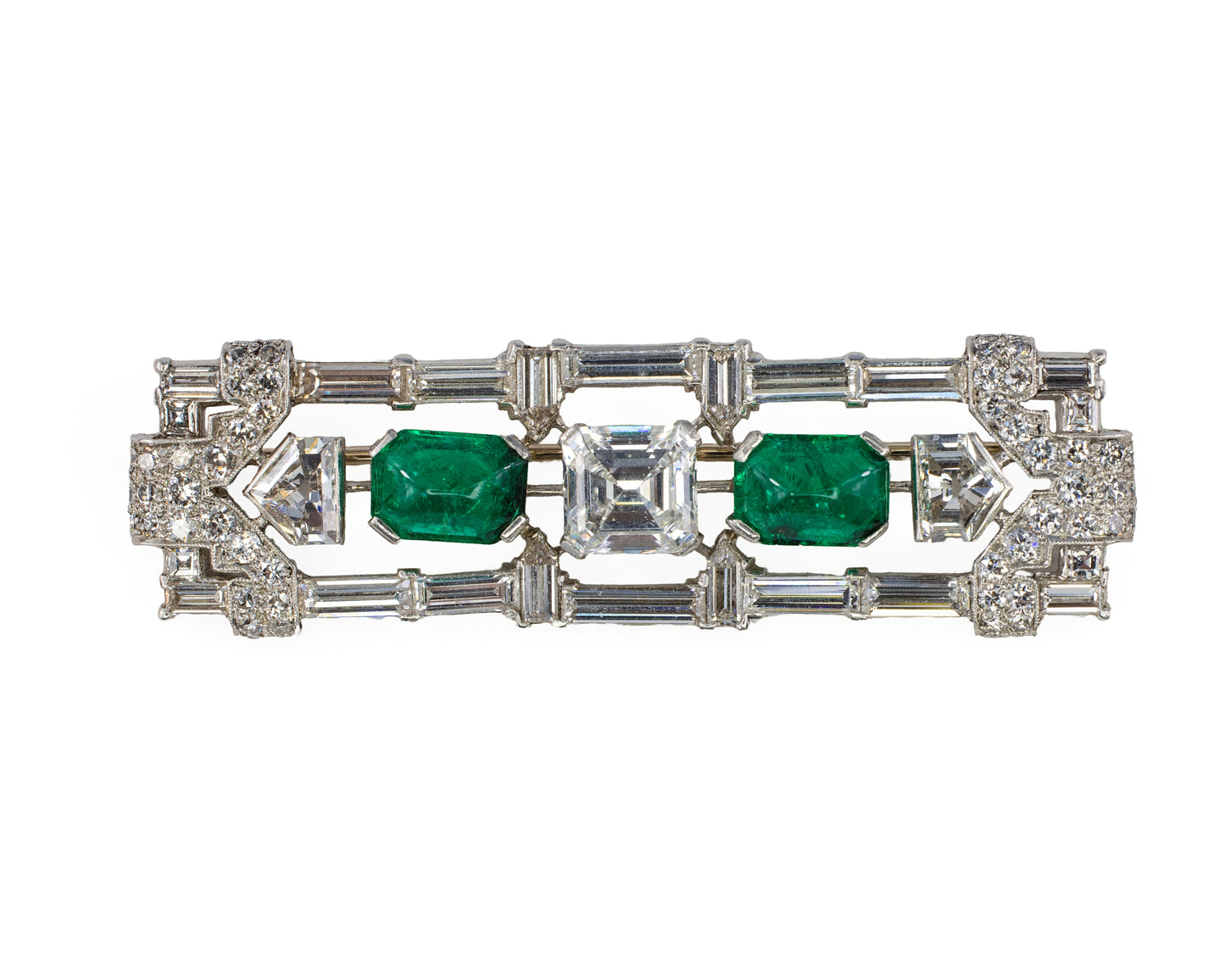 Art Deco Certified Cabochon Emerald & Diamond Brooch