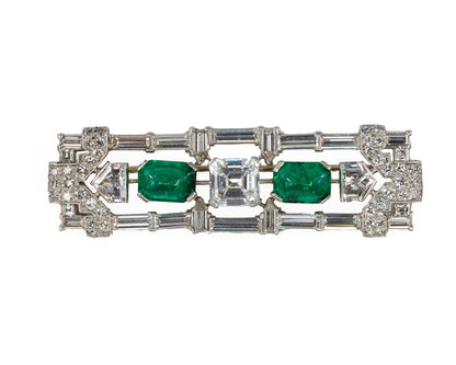 Art Deco Certified Cabochon Emerald & Diamond Brooch
