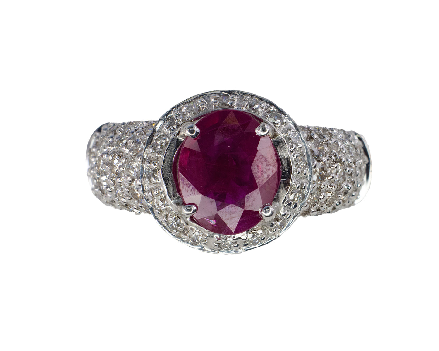 White Gold Ruby and Diamond Halo Multi Row Pavé Ring