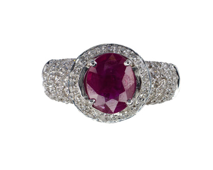 White Gold Ruby and Diamond Halo Multi Row Pavé Ring