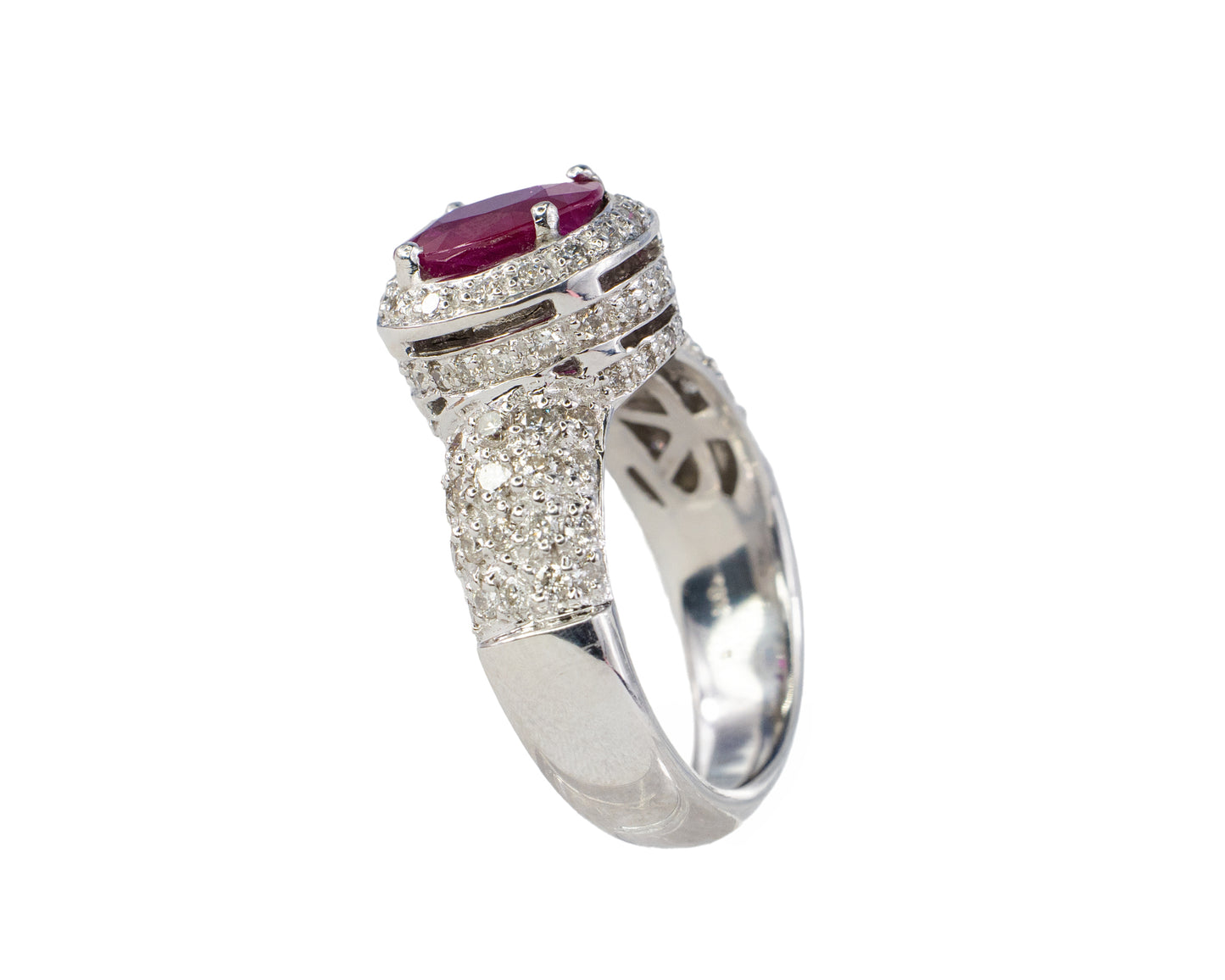 White Gold Ruby and Diamond Halo Multi Row Pavé Ring
