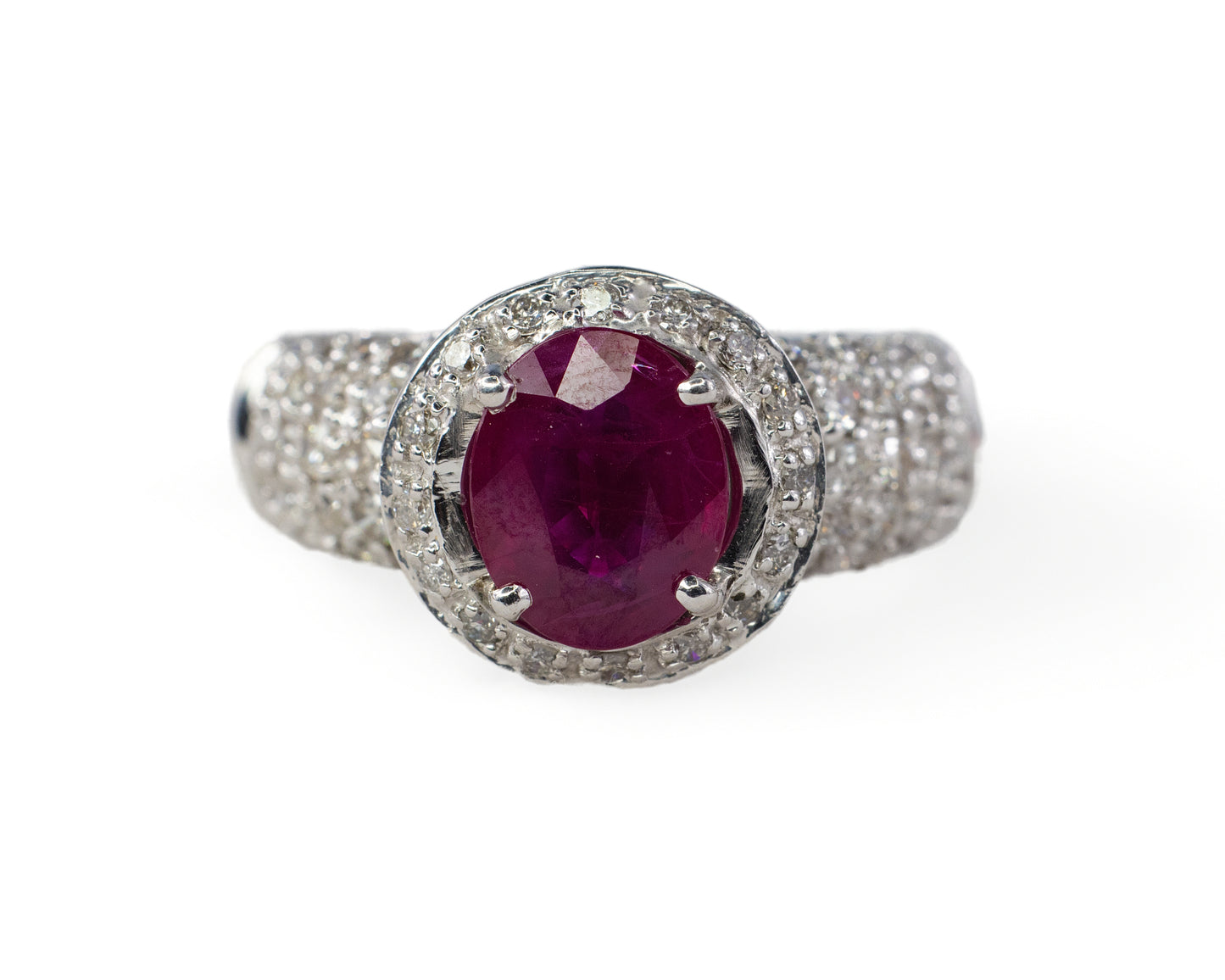 White Gold Ruby and Diamond Halo Multi Row Pavé Ring