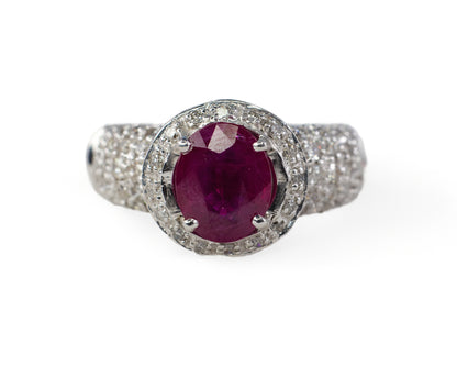 White Gold Ruby and Diamond Halo Multi Row Pavé Ring