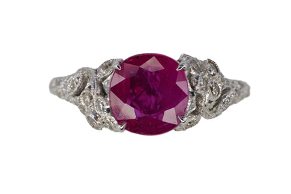 White Gold Round Ruby & Diamond Leaf Filigree Ring