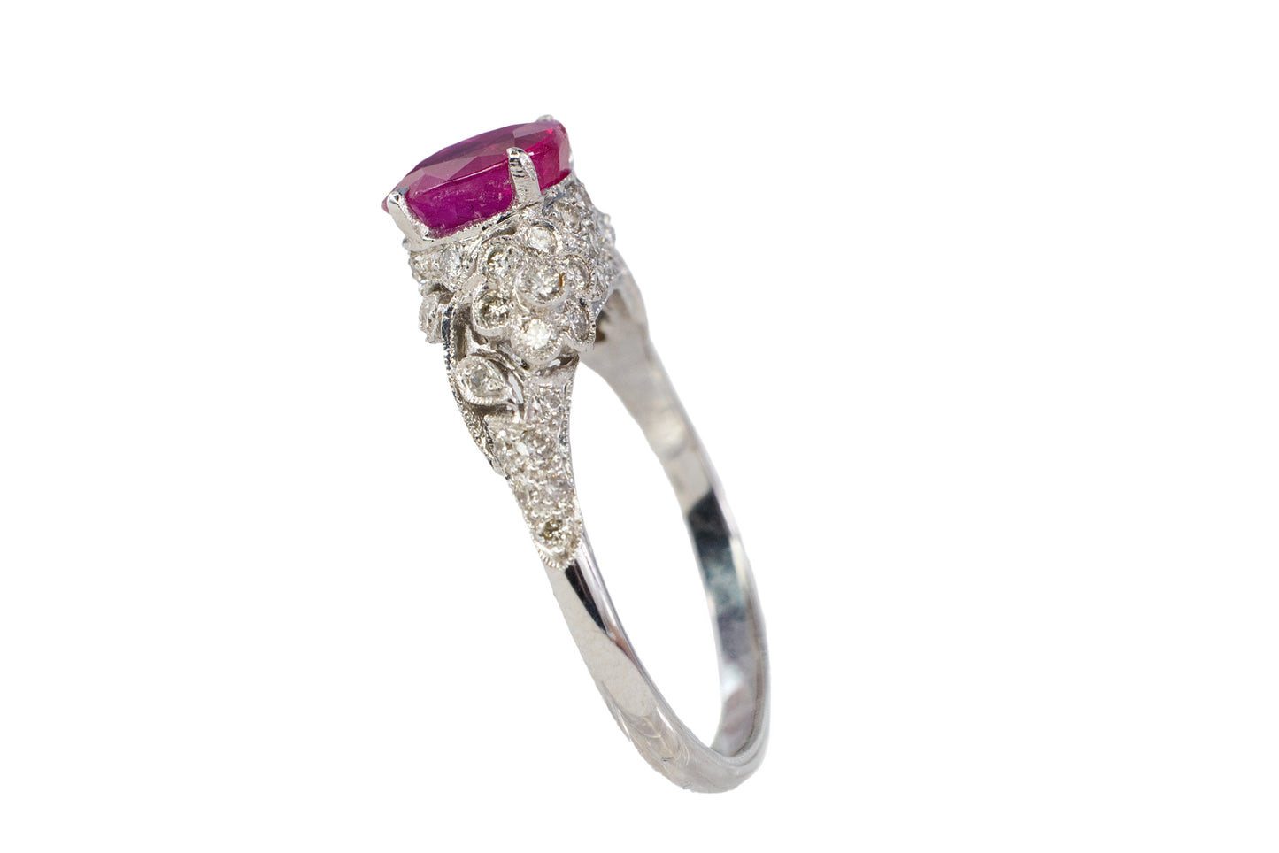 White Gold Round Ruby & Diamond Leaf Filigree Ring