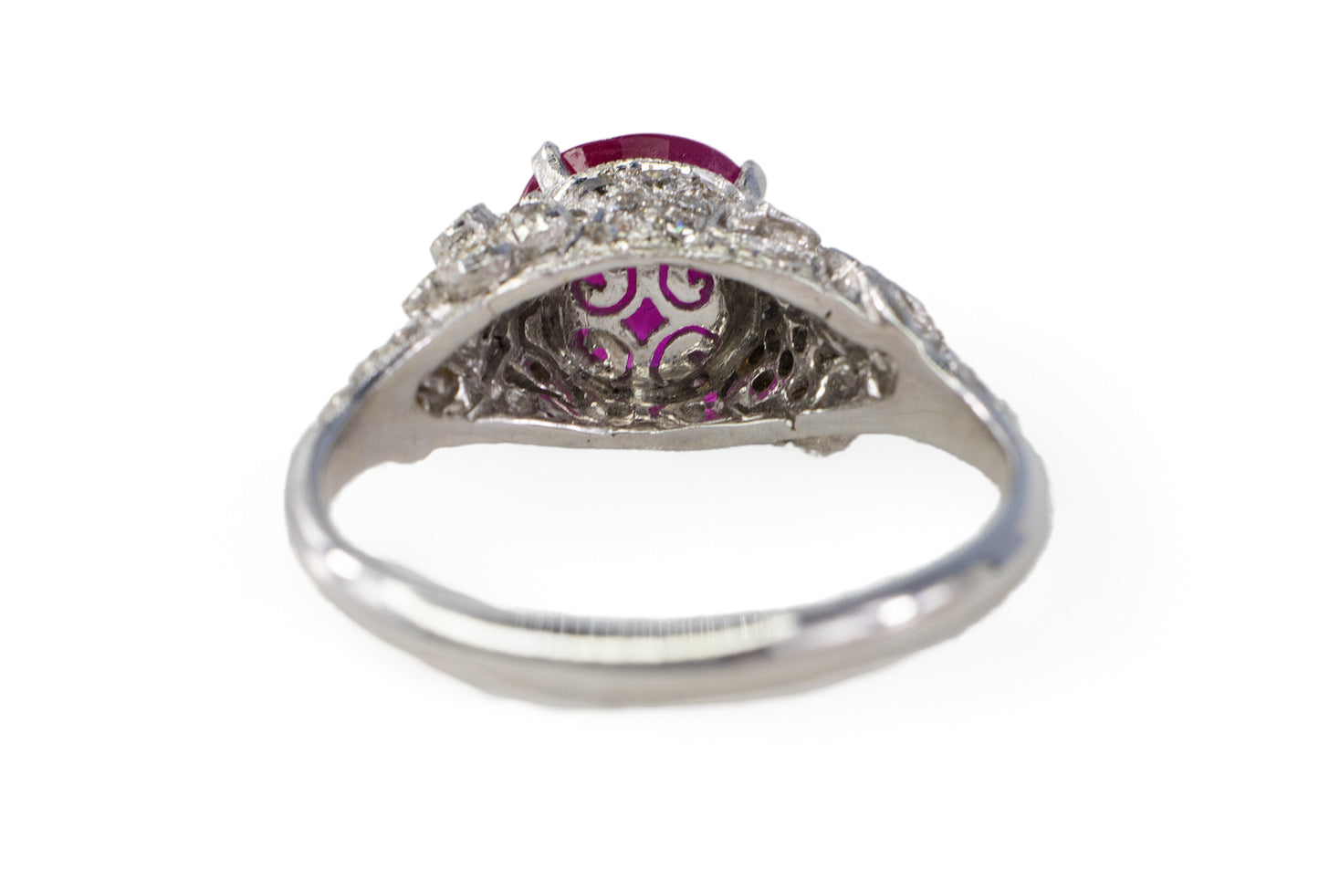 White Gold Round Ruby & Diamond Leaf Filigree Ring