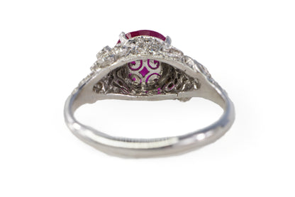 White Gold Round Ruby & Diamond Leaf Filigree Ring