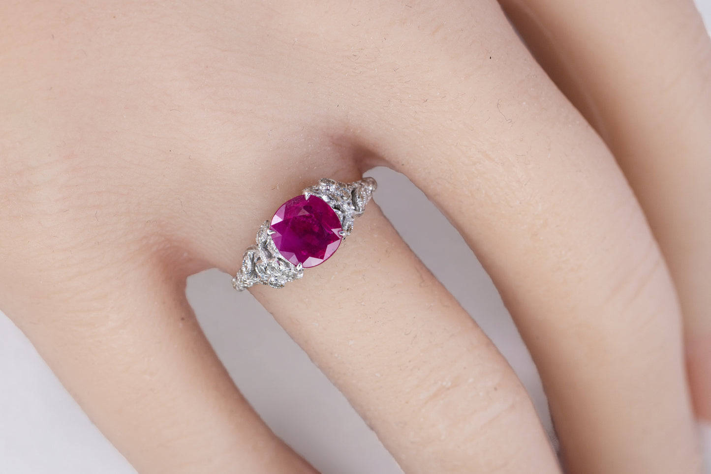 White Gold Round Ruby & Diamond Leaf Filigree Ring