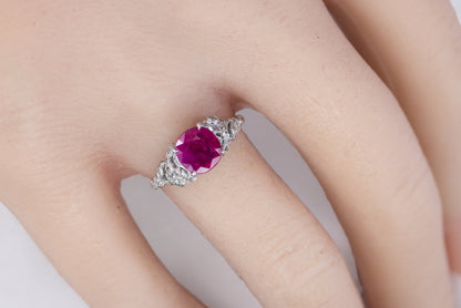 White Gold Round Ruby & Diamond Leaf Filigree Ring