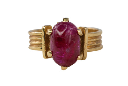 Oval Cabochon Ruby Ribbed Solitaire Ring
