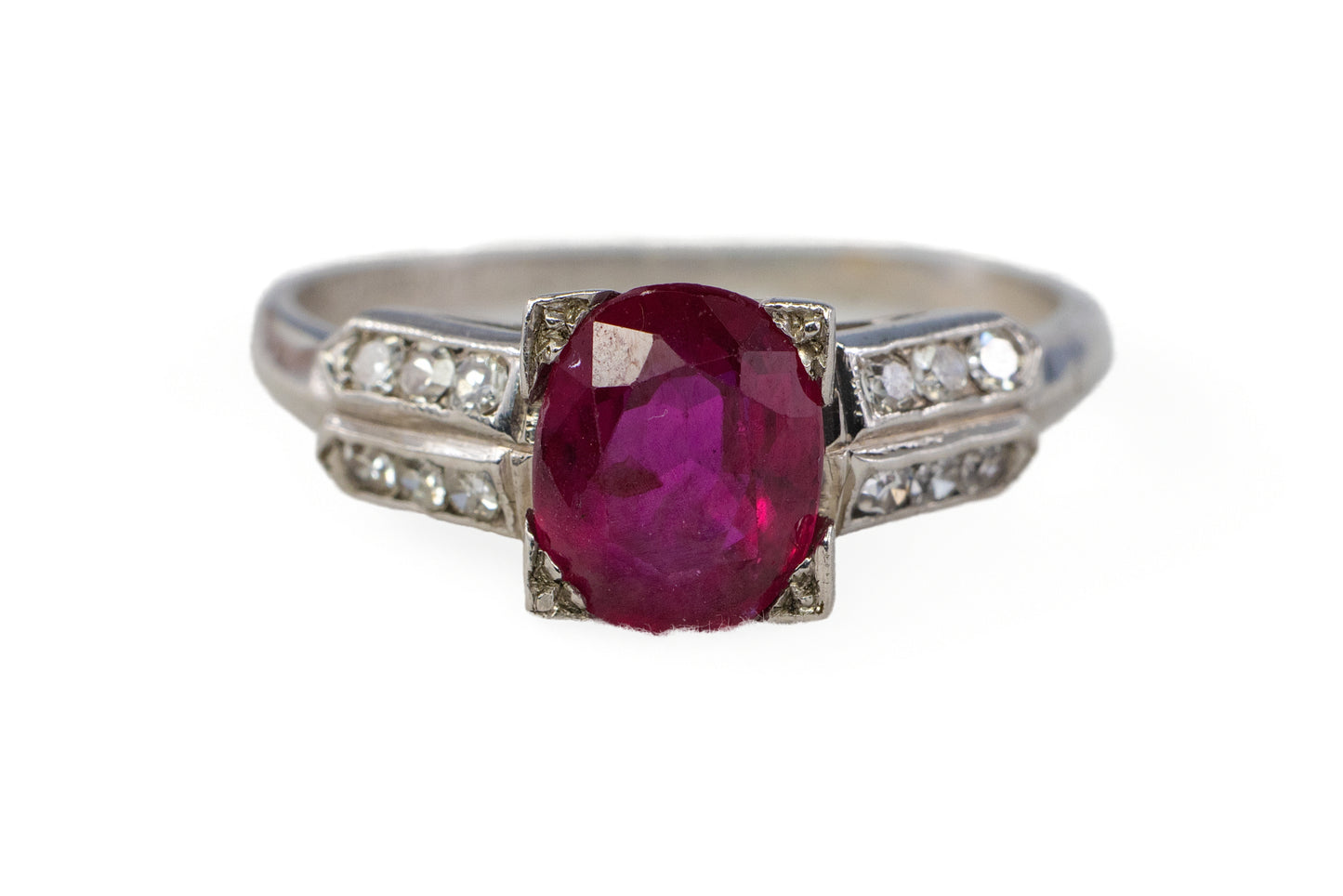Platinum Oval Ruby and Split-Shoulder Diamond Ring