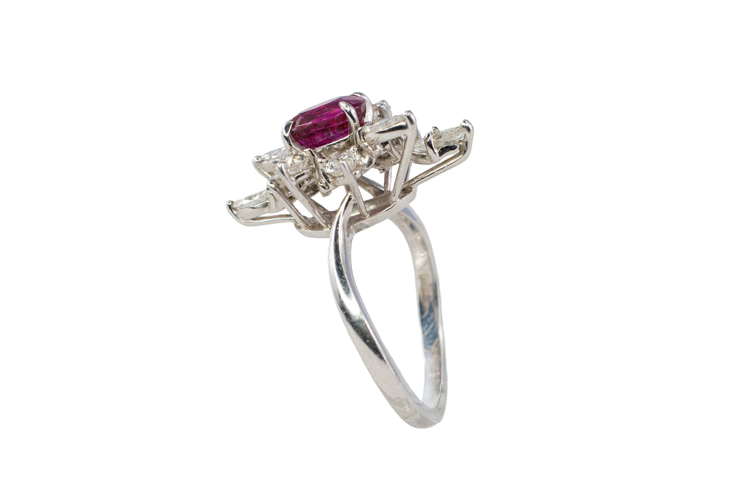 White Gold Oval Ruby and Asymmetrical Floral Diamond Cluster Ring