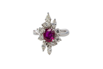 White Gold Oval Ruby and Asymmetrical Floral Diamond Cluster Ring