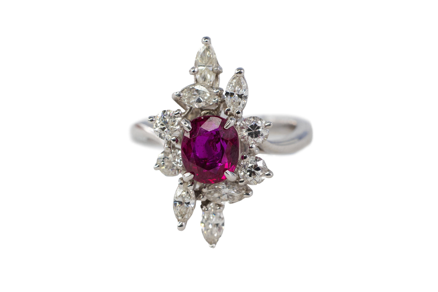 White Gold Oval Ruby and Asymmetrical Floral Diamond Cluster Ring