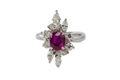 White Gold Oval Ruby and Asymmetrical Floral Diamond Cluster Ring