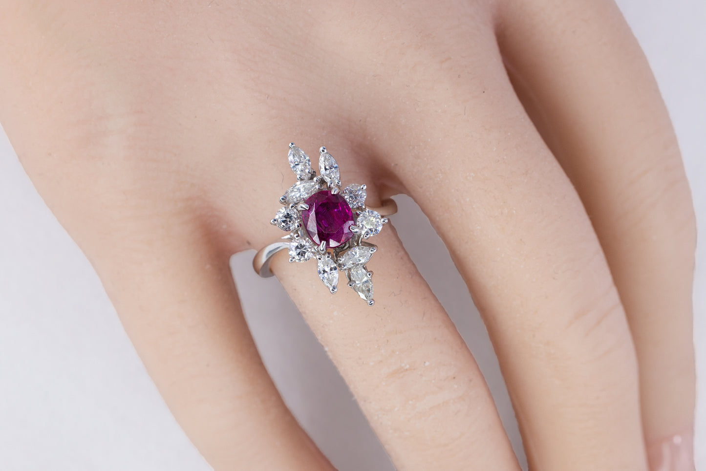White Gold Oval Ruby and Asymmetrical Floral Diamond Cluster Ring