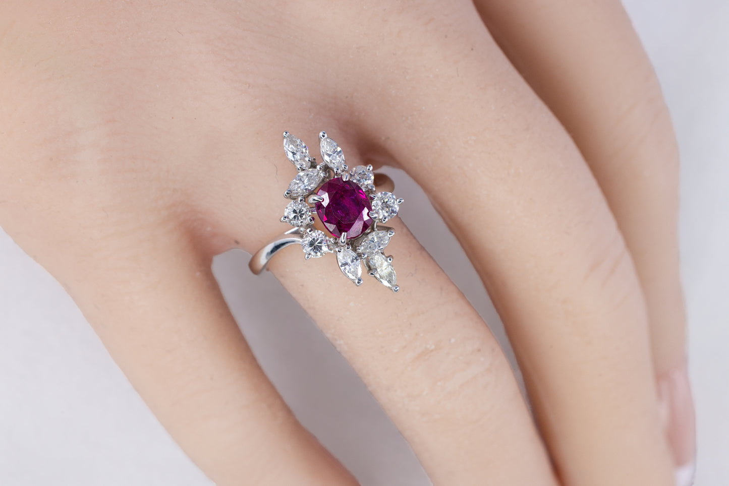 White Gold Oval Ruby and Asymmetrical Floral Diamond Cluster Ring