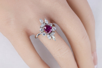 White Gold Oval Ruby and Asymmetrical Floral Diamond Cluster Ring