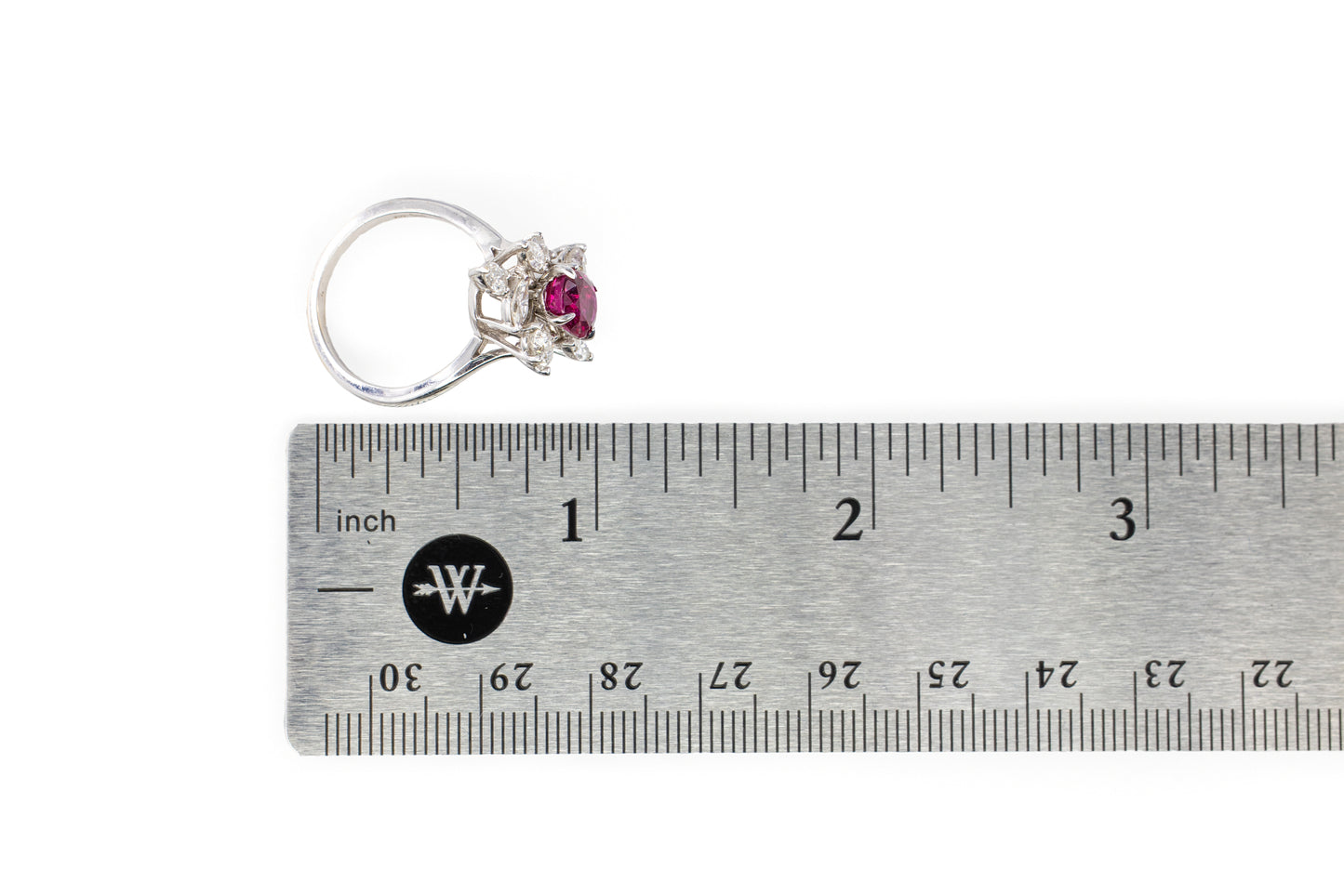 White Gold Oval Ruby and Asymmetrical Floral Diamond Cluster Ring