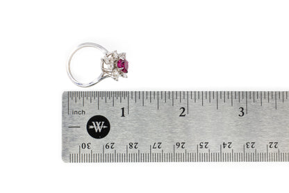 White Gold Oval Ruby and Asymmetrical Floral Diamond Cluster Ring