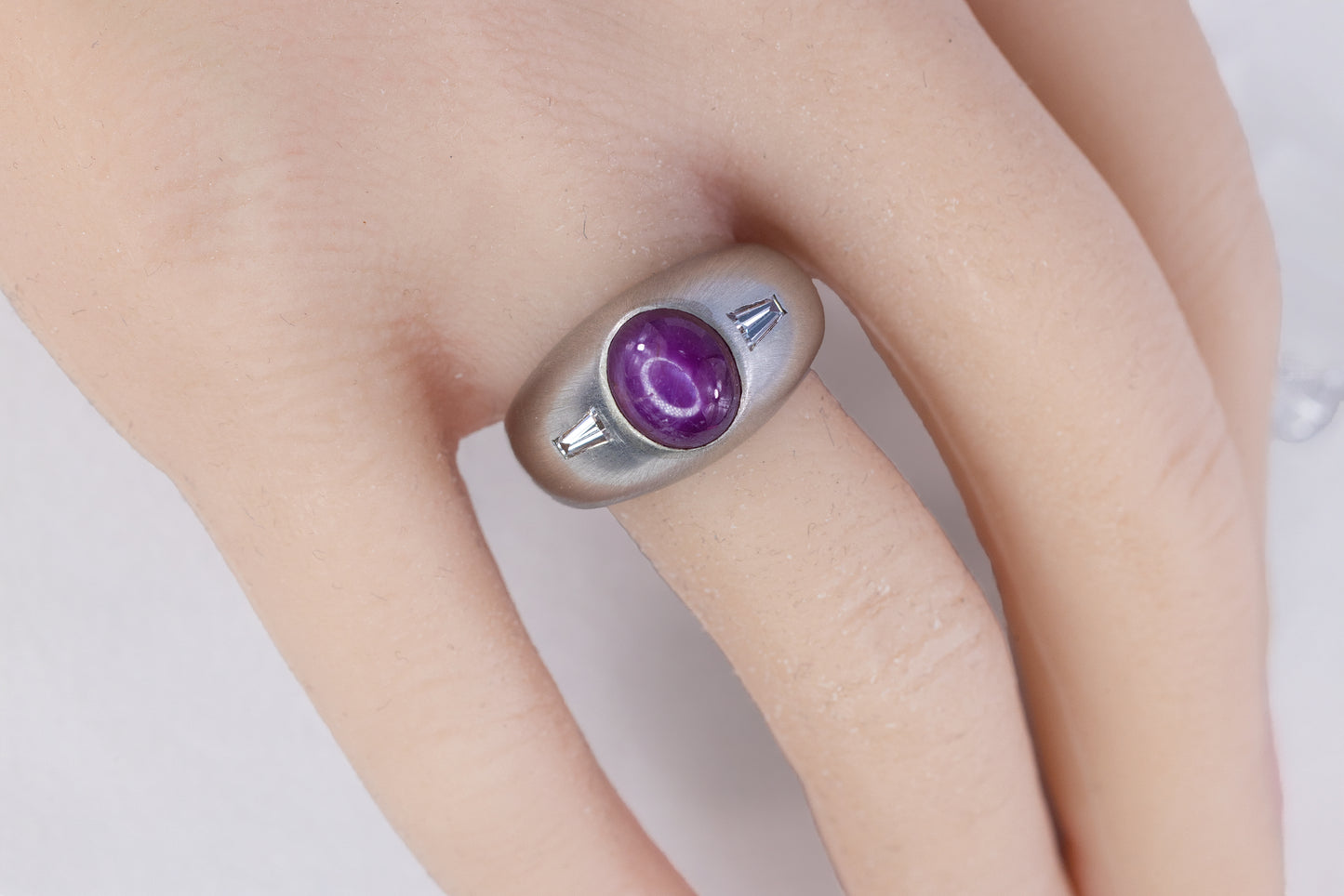 White Gold Star Ruby and Baguette Diamond Gypsy Ring